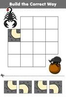 Education game for children build the correct way help cute cartoon scorpion move to beetle printable bug worksheet vector