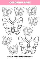 juego educativo para niños página para colorear imagen grande o pequeña de una linda mariposa de dibujos animados hoja de trabajo imprimible de arte lineal vector