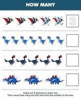juego educativo para niños cuente cuántos dinosaurios azules de dibujos animados lindos y escriba el número en el cuadro hoja de trabajo de dinosaurio prehistórico imprimible vector