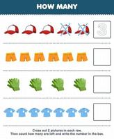 Education game for children count how many cute cartoon cap pant glove t shirt and write the number in the box printable wearable clothes worksheet vector