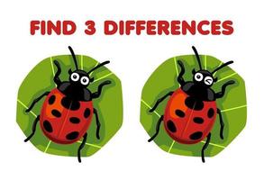 Education game for children find three differences between two cute cartoon ladybug printable bug worksheet vector