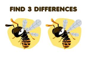 Education game for children find three differences between two cute cartoon bee printable bug worksheet vector