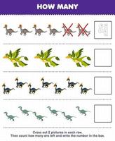 Education game for children count how many cute cartoon lambeosaurus microraptor parasaurlophus velociraptor and write the number in the box printable prehistoric dinosaur worksheet vector