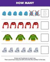juego educativo para niños cuente cuántos gorro de dibujos animados lindo bufanda suéter zapatos de patinaje sobre hielo y escriba el número en el cuadro hoja de trabajo de ropa usable imprimible vector