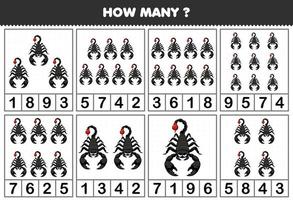 Education game for children counting how many cute cartoon scorpion in each table printable bug worksheet vector