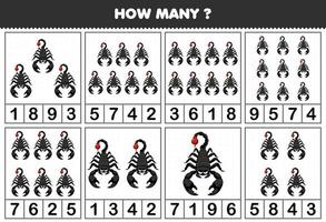 Education game for children counting how many cute cartoon scorpion in each table printable bug worksheet vector