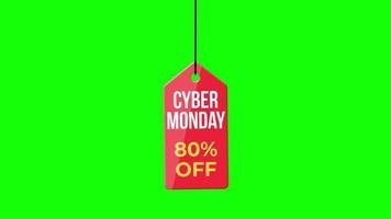 Cyber Monday Sale discount up to 80 percent off hanging with rope badge. paper tag label with Alpha Channel transparent background. video