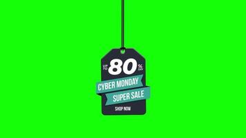 Cyber Monday Sale discount up to 80 percent off hanging with rope badge. paper tag label with Alpha Channel transparent background. video