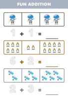 Education game for children fun addition by counting and tracing the number of cute cartoon astronaut spaceship satellite printable solar system worksheet vector