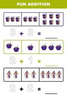 Education game for children fun addition by counting and tracing the number of cute cartoon spell book cauldron witch printable halloween worksheet vector