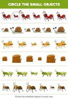 Education game for children circle the smallest object in each row of cute cartoon ant snail grasshopper wood log printable bug worksheet vector