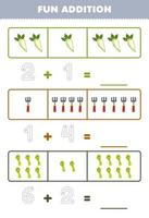 Education game for children fun addition by counting and tracing the number of cute cartoon radish rake asparagus printable vegetable worksheet vector