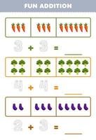 Education game for children fun addition by counting and tracing the number of cute cartoon carrot broccoli eggplant printable vegetable worksheet vector