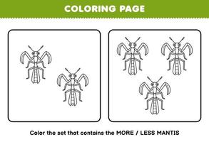 Education game for children coloring page more or less picture of cute cartoon mantis line art set printable bug worksheet vector