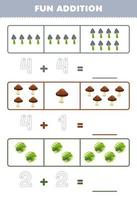 Education game for children fun addition by counting and tracing the number of cute cartoon shovel mushroom cabbage printable vegetable worksheet vector