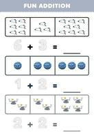 Education game for children fun addition by counting and tracing the number of cute cartoon spaceship planet robot printable solar system worksheet vector