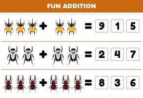 Education game for children fun addition by guess the correct number of cute cartoon beetle printable bug worksheet vector