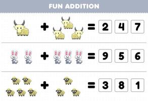 Education game for children fun addition by guess the correct number of cute cartoon goat rabbit sheep printable animal worksheet vector