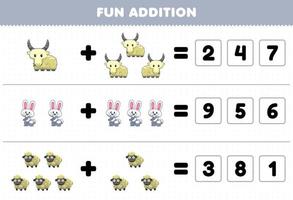 Education game for children fun addition by guess the correct number of cute cartoon goat rabbit sheep printable animal worksheet vector