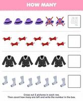 Education game for children count how many cute cartoon fedora hat tie bow blouse sock and write the number in the box printable wearable clothes worksheet vector