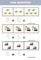 Education game for children fun addition by counting and tracing the number of cute cartoon airplane excavator locomotive train printable transportation worksheet vector