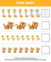 Education game for children count how many cute cartoon giraffe tiger duck fox and write the number in the box printable animal worksheet vector