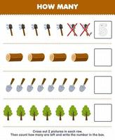 Education game for children count how many cute cartoon ax wood log shovel tree and write the number in the box printable farm worksheet vector