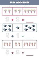 Education game for children fun addition by counting and tracing the number of cute cartoon zombie girl werewolf voodoo doll printable halloween worksheet vector