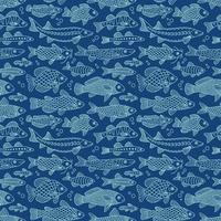 Doodle pattern with fish of different shapes with various hand-drawn patterns, isolated. Marine animals, sea, travel. vector