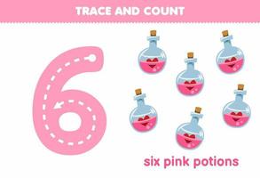 Education game for children tracing number six and counting of cute cartoon pink potions halloween printable worksheet vector