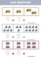 Education game for children fun addition by counting and tracing the number of cute cartoon bus sailboat firetruck printable transportation worksheet vector