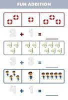 Education game for children fun addition by counting and tracing the number of cute cartoon diver printable profession worksheet vector