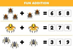 Education game for children fun addition by guess the correct number of cute cartoon spider printable bug worksheet vector