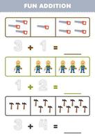 Education game for children fun addition by counting and tracing the number of cute cartoon saw carpenter hammer printable profession worksheet vector