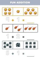 Education game for children fun addition by counting and tracing the number of cute cartoon sun comet black hole printable solar system worksheet vector