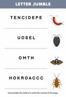 Education game for children letter jumble write the correct name for cute cartoon centipede louse moth cockroach printable bug worksheet vector