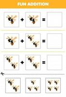 juego educativo para niños, adición divertida cortando y combinando lindas imágenes de abejas de dibujos animados para la hoja de trabajo de insectos imprimible vector