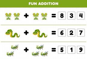 Education game for children fun addition by guess the correct number of cute cartoon frog snake grasshopper printable animal worksheet vector