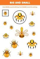 Education game for children arrange by size big or small by drawing circle and square of cute cartoon ladybug spider dragonfly printable bug worksheet vector