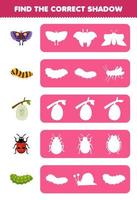 Education game for children find the correct shadow silhouette of cute cartoon butterfly silkworm cocoon ladybug caterpillar printable bug worksheet vector