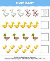Education game for children count how many cute cartoon goose duck duckling and write the number in the box printable farm worksheet vector