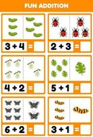Education game for children fun addition by counting and sum of cute cartoon caterpillar ladybug cocoon leaf butterfly silkworm printable bug worksheet vector