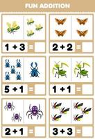 Education game for children fun addition by counting and sum of cute cartoon dragonfly butterfly beetle mantis spider firefly printable bug worksheet vector