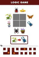 Education game for children logic puzzle build the road for mantis move to beetle printable bug worksheet vector