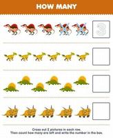 Education game for children count how many cute cartoon spinnosaurus leptoceratops dimetrodon xenoceratops and write the number in the box printable prehistoric dinosaur worksheet vector