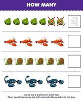 Education game for children count how many cute cartoon shell lobster snail scorpion and write the number in the box printable animal worksheet