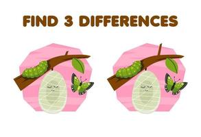 Education game for children find three differences between two cute cartoon cocoon caterpillar and butterfly printable bug worksheet vector