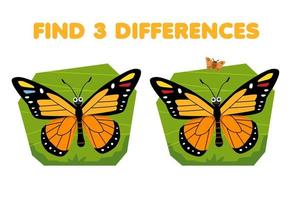 Education game for children find three differences between two cute cartoon butterfly printable bug worksheet vector