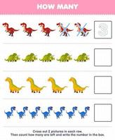 Education game for children count how many cute cartoon tyrannosaurus triceratops isisaurus oviraptor and write the number in the box printable prehistoric dinosaur worksheet vector