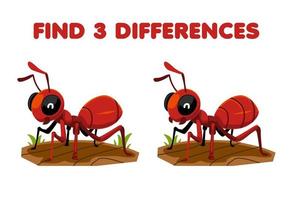 Education game for children find three differences between two cute cartoon ant printable bug worksheet vector